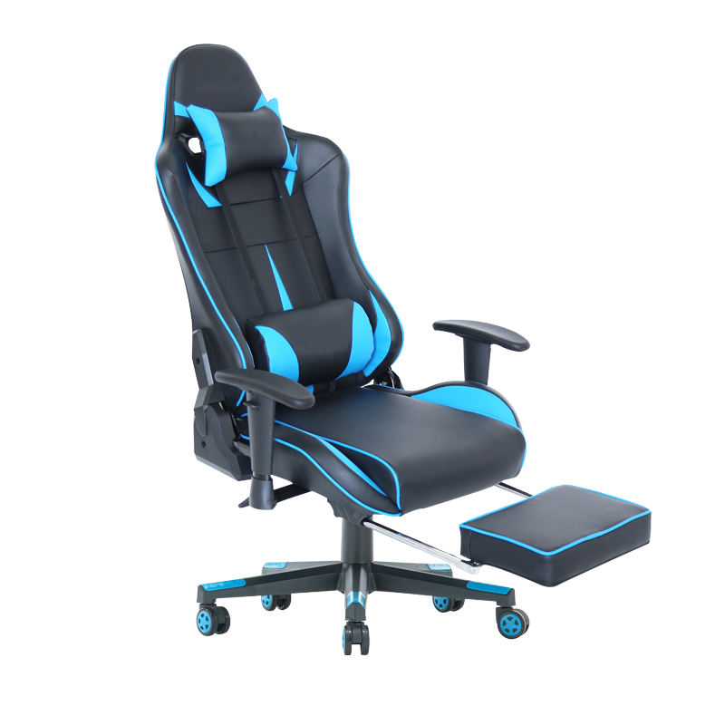 Silla de juego azul giratoria de cuero ergonómica moderna con el reposapiés 